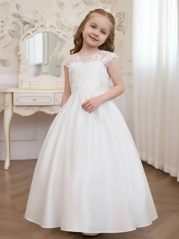 Vestito da Principessa per Bambina in Pizzo e Rete Bianco Abito da Damigella Matrimonio Festa Elegante Bambini Senza Maniche