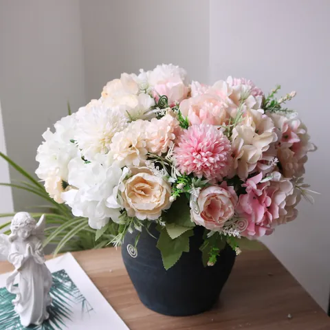 Nordic Ins Style Artificial Silk Flower Bouquet Multi-Forked Rose Hydrangea Pompom For Wedding Photography Home Decoration