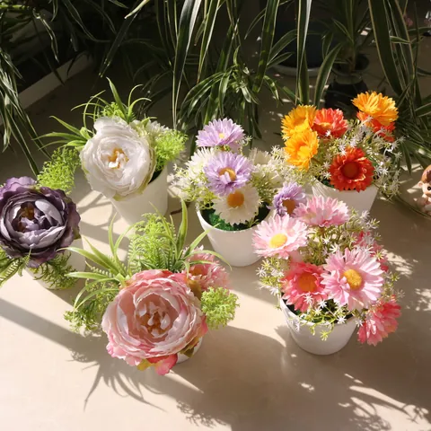Artificial Peony Daisy Potted Plant Nordic Ins Style Silk Cloth Flower Arrangement With White Plastic Pot For Home Decor