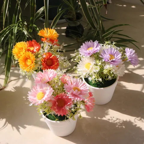 Artificial Peony Daisy Potted Plant Nordic Ins Style Silk Cloth Flower Arrangement With White Plastic Pot For Home Decor