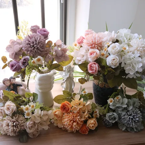 Herbst Künstlicher Blumenstrauß Kunstseide Rose Hortensie Gänseblümchen Blumenarrangement Heim Hochzeit Deko Fotorequisite