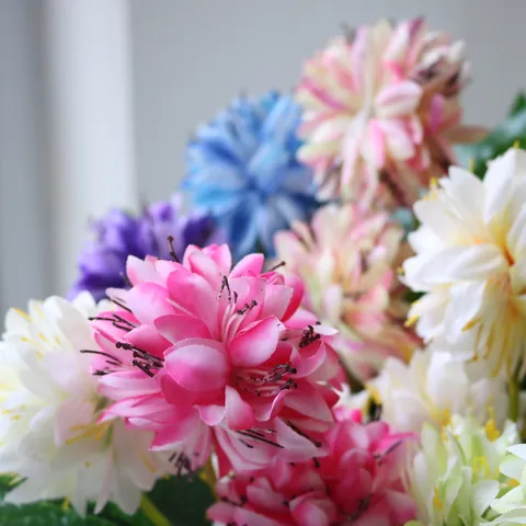 Artificial Pompon Chrysanthemum Flower Stem with 2 Heads Satin Cloth Fake Wheel Mum Daisy for Home Wedding Decor Photography Props