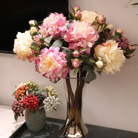 Rama de Peonía Artificial de Alta Gama Flor de Seda con Capullos para Decoración de Sala de Estar Boda Accesorios de Fotografía