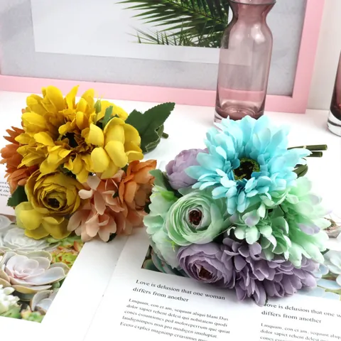 Artificial Flower Bouquet Silk Gerbera Rose Mix Stems Pastoral Style Home Living Room Decoration Photography Props Floral Arrangement