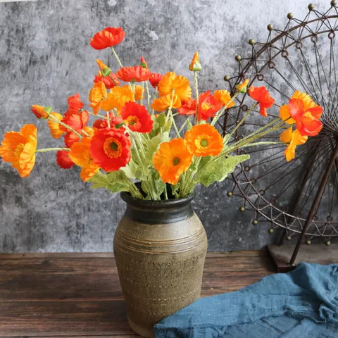 Flores de Seda Artificiales de Amapola de Islandia Tallos Flocados Rama Larga Con 4 Cabezas para Boda Hogar Fiesta Decoración de Navidad Arreglo Floral