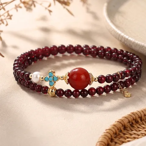 Natural Garnet Beaded Bracelet For Women Hetian Jade South Red Agate Crystal Double Wrap Light Luxury Neo Chinese Jewelry