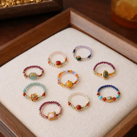 Anello di Perline in Pietra Naturale Stile Cinese per Donna Vintage Cristallo Regolabile Fatto a Mano Anello Moda Gioielli