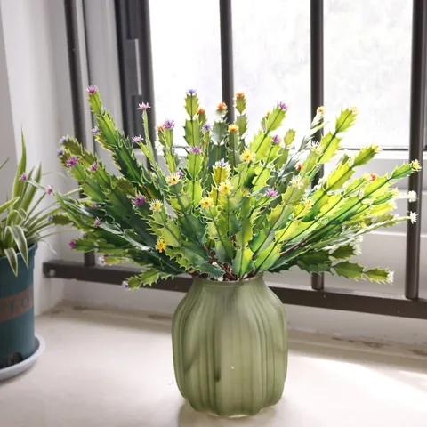 Artificial Cactus Plant Plastic Schlumbergera Green Stem With Tiny Flowers For Home Garden Yard Aquarium Landscape Decor