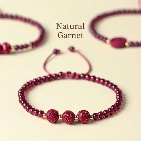 Chinese Style Natural Garnet Cinnabar Beaded Bracelet For Women Vintage Red Stone Hand Chain Adjustable Fret Pattern Beads Jewelry