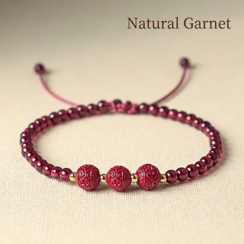 Chinese Style Natural Garnet Cinnabar Beaded Bracelet For Women Vintage Red Stone Hand Chain Adjustable Fret Pattern Beads Jewelry