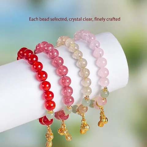 Natürlicher Rosenquarz Golden Rutilquarz Perlenarmband Für Damen Nephrit Jade Erdnuss Glocke Anhänger Frisch Süß Schmuck Geschenk