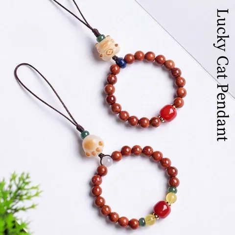 Handmade Chinese Style Lucky Cat Paw Bodhi Wood Bead Bag Charm Literary Retro Phone Hanging Ornament Accessory