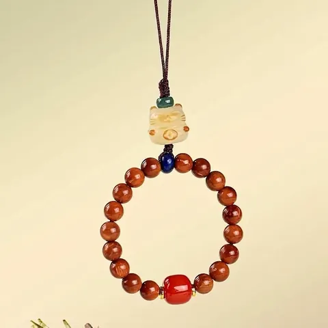 Handmade Chinese Style Lucky Cat Paw Bodhi Wood Bead Bag Charm Literary Retro Phone Hanging Ornament Accessory