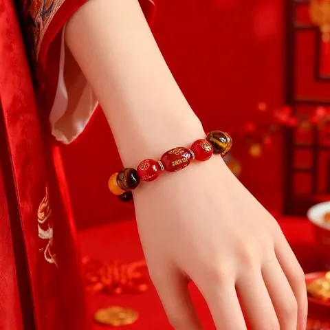 Pulsera de Cuentas de Piedra Natural Zodíaco Tri-Armonía para Mujer Hombre Ágata Roja Ojo de Tigre Cuarzo Rutilado Joyería Fortuna