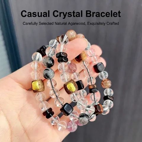 Naturkristall Perlenarmband Mit Adlerholz Heilige Schrift Einlage Für Damen Bergkristall Amethyst Rutilquarz Ethno Zen Schmuck