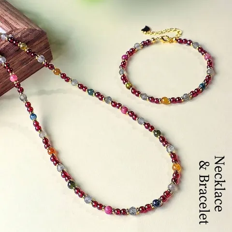 Neuer Chinesischer Stil Natürliche Tourmalin Granat Perlenkette Armband Schmuck Set Für Damen Mode Grauer Mondstein Set