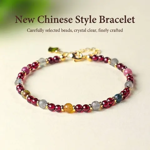 Neuer Chinesischer Stil Natürliche Tourmalin Granat Perlenkette Armband Schmuck Set Für Damen Mode Grauer Mondstein Set