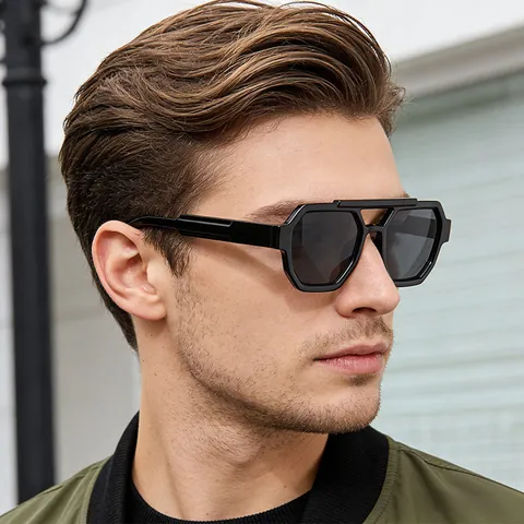 Gafas de Sol Vintage de Doble Puente Montura Grande Polígono Para Mujeres Hombres Montura de PC UV400 Moda Patillas Anchas
