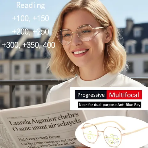Progressieve Multifocale Leesbril Anti Blauw Licht Metalen Frame Ovaal Frame Elegante Brillen voor Senioren Dames Heren