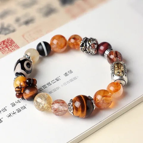 Tibetan Style Five Elements Crystal Beaded Bracelet For Women Natural Stone Tiger Eye Rutilated Quartz Vajra PiXiu Hand Chain