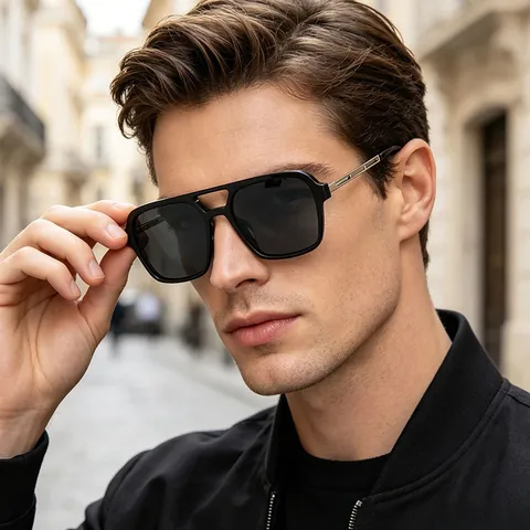 Lunettes de Soleil Rétro Carrées à Double Pont Creux pour Hommes Femmes Mode Vintage Monture PC Protection UV400 Style de Rue Lunettes de Soleil Joint Métallique