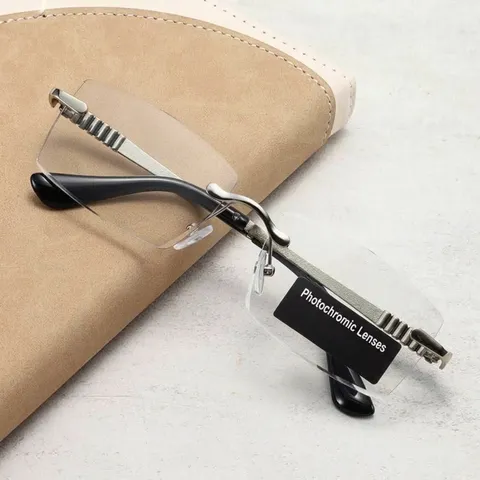 Women Rimless Photochromic Reading Glasses Blue Light Blocking Metal Frame Square Business Reading Eyewear Gold Silver Glasses