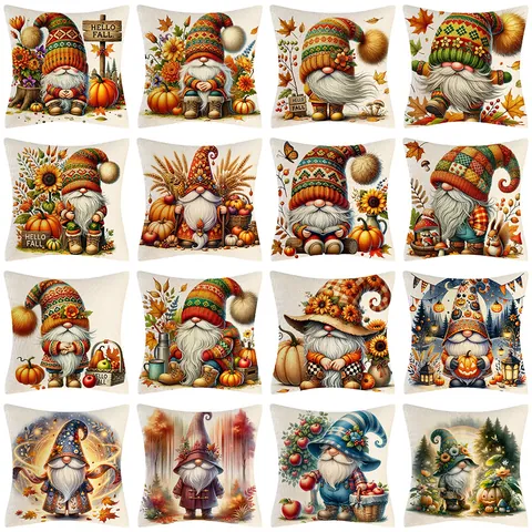 Thanksgiving Fall Gnomes Pumpkin Pillow Cover Autumn Decorative Cushion Case Faux Linen Look Polyester Sofa Home Decor