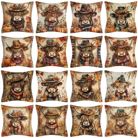 Funda de Cojín de Otoño con Estampado de Vaca de Highlands Funda de Almohada Decorativa Cuadrada Rústica para Sofá Hogar