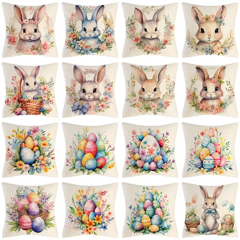 Easter Cotton Linen Pillow Case Watercolor Bunny Egg Floral Printed Decorative Cushion Cover For Sofa Living Room Home Decor