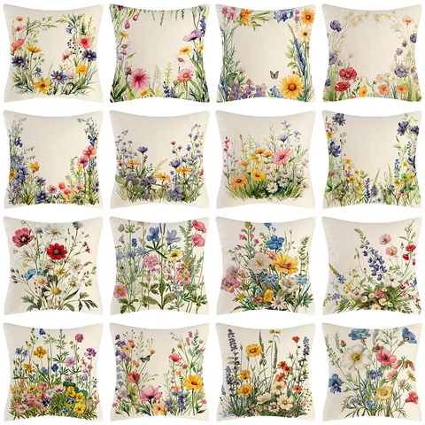 Modern Minimalist Cotton Linen Cushion Cover Botanical Floral Print Square Throw Pillow Case With Invisible Zipper For Home Living Room Sofa Bedroom Decor
