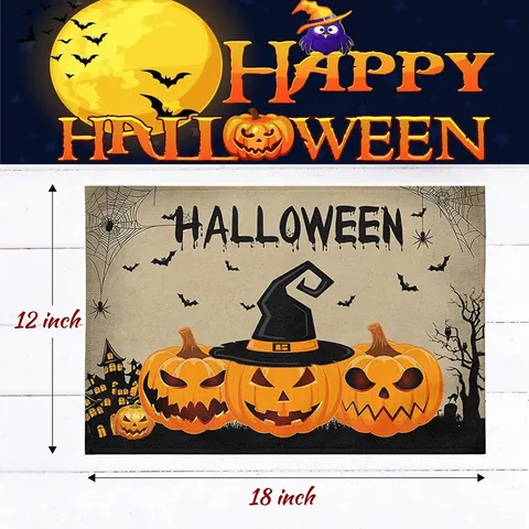 Halloween Pumpkin Castle Printed Place Mat Rectangular Linen Look Heat Resistant Table Mat For Dining Room Party Holiday Decor