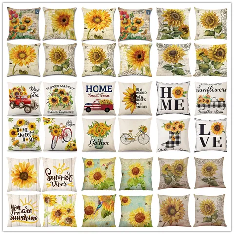 Vintage Sunflower Throw Pillow Cover Linen Blend Decorative Square Cushion Case For Sofa Couch Home Decor Rustic Floral Pillowcase