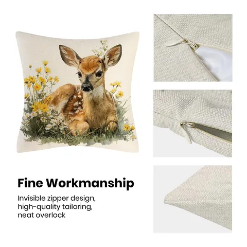 Watercolor Fawn Floral Decorative Pillow Cover Linen Cotton Blend Cushion Case For Sofa Couch Office Home Decor Square Pillowcase