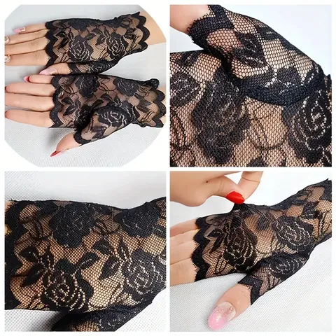 Elegante Rosenblumen Spitze Fingerlose Handschuhe Für Damen Braut Hochzeit Abendkleid Zubehör Ausschnitt Bogenkante Handschuhe