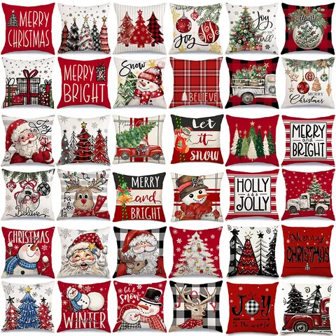 Colección de Fundas de Almohada Navideñas de Poliéster Estampado Fundas de Almohada Decorativas Decoración del Hogar