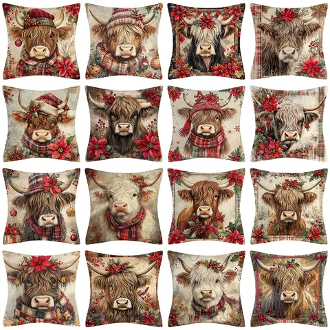 Weihnachten Hochlandrind Kissenbezug Vintage Bedruckter Deko Kissenhülle Für Sofa Couch Home Deko Xmas Wohnzimmer