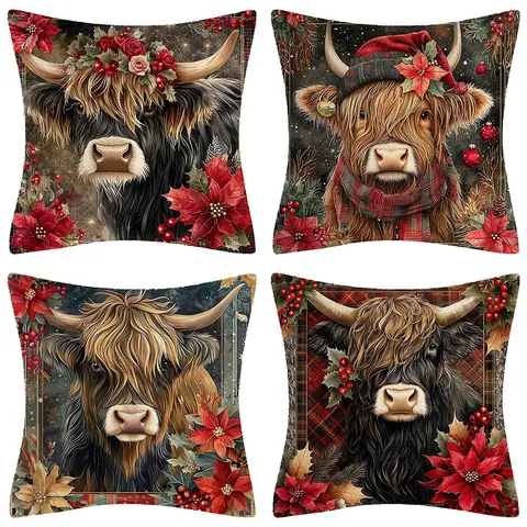 Funda de Cojín de Navidad Vaca de las Highlands Tartan Plaid Flor de Pascua Estampado Funda de Almohada Decoración del Hogar