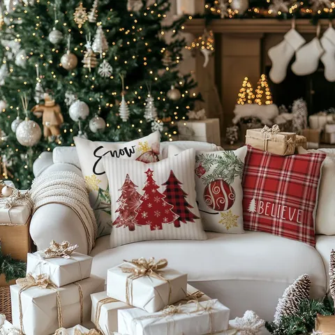 Colección de Fundas de Almohada Navideñas de Poliéster Estampado Fundas de Almohada Decorativas Decoración del Hogar