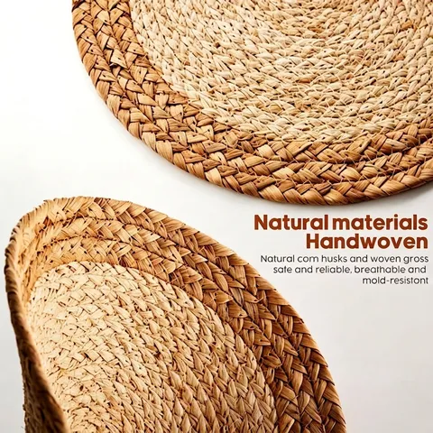 Japanese Style Handwoven Placemat Natural Corn Husk Straw Woven Round Heat Resistant Table Mat For Dining Room Kitchen Decor