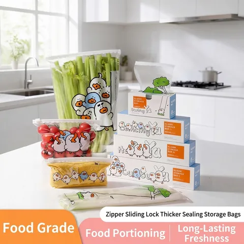 Food Grade PE Antibacterial Slider Storage Bags Cute Cartoon Duck Printed Reusable Freezer Sealing Bags For Kitchen Home Organization