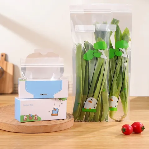 Long Slim Food Grade PE Sealed Bag Eco-Friendly Cartoon Duck Printed Reusable Zipper Preservation Storage Bag For Household Kitchen Sausage Veggies