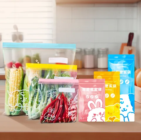 Cartoon Printed Food Storage Bags Double Seal Ziploc Bags With Memo Area Food Grade PE Bags For Refrigerator Fresh Keeping