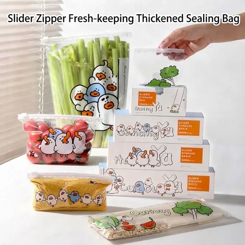 Minimalist Transparent Slide-Lock Sealing Bags Thickened Antibacterial Food Grade Slider Storage Bags Cartoon Duck Print Reusable Fresh Organizers For Kitchen Home Food Grade PE Freezer Zipper Storage Bags