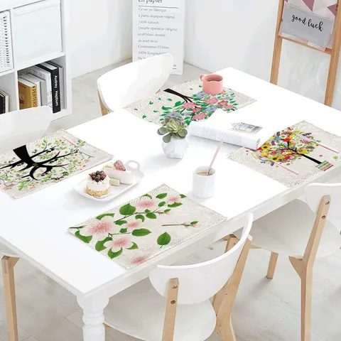 Pastoral Linen Place Mat Green Plant Tree Print Rectangular Table Mat Little Girl Swing Pattern Kitchen Dining Placemat Home Decor