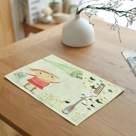 Pastoral Linen Place Mat Cartoon Little Girl Butterfly Pattern Printed Rectangular Dining Table Mat Home Tableware Decor