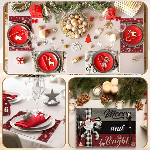 Christmas Linen Placemat Festive Printed Santa Claus Snowman Snowflake Rectangle Dining Table Mat For Holiday Banquet Home Decoration