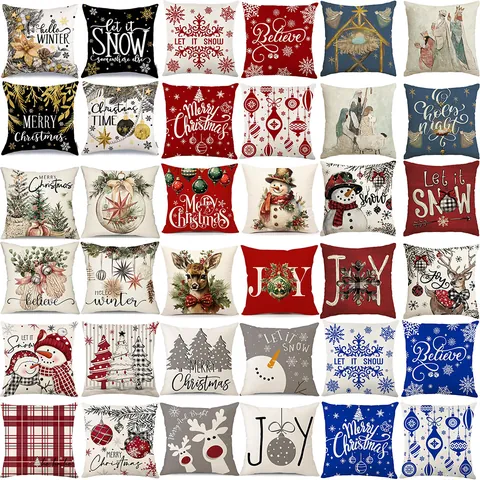 Taies d'Oreiller de Noël Rouges en Polyester Aspect Lin Impression de Lettres Décoration de Vacances pour Canapé Salon Cadeau