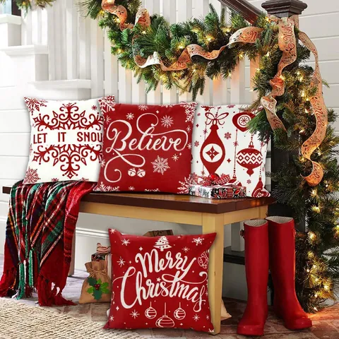 Taies d'Oreiller de Noël Rouges en Polyester Aspect Lin Impression de Lettres Décoration de Vacances pour Canapé Salon Cadeau