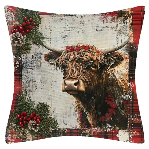 Funda de Almohada Decorativa de Navidad Acción de Gracias Lino Algodón Papá Noel Reno Vaca de las Tierras Altas Cuadros Cuadrada Decoración del Hogar