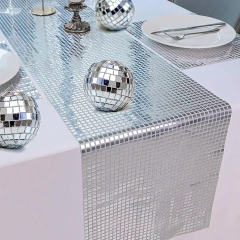 Runner da Tavolo Disco Mirror Grid Riflettente Paillette Mosaico Tovaglia per Matrimonio Festa Compleanno Evento Decorazione Poliestere Brillante